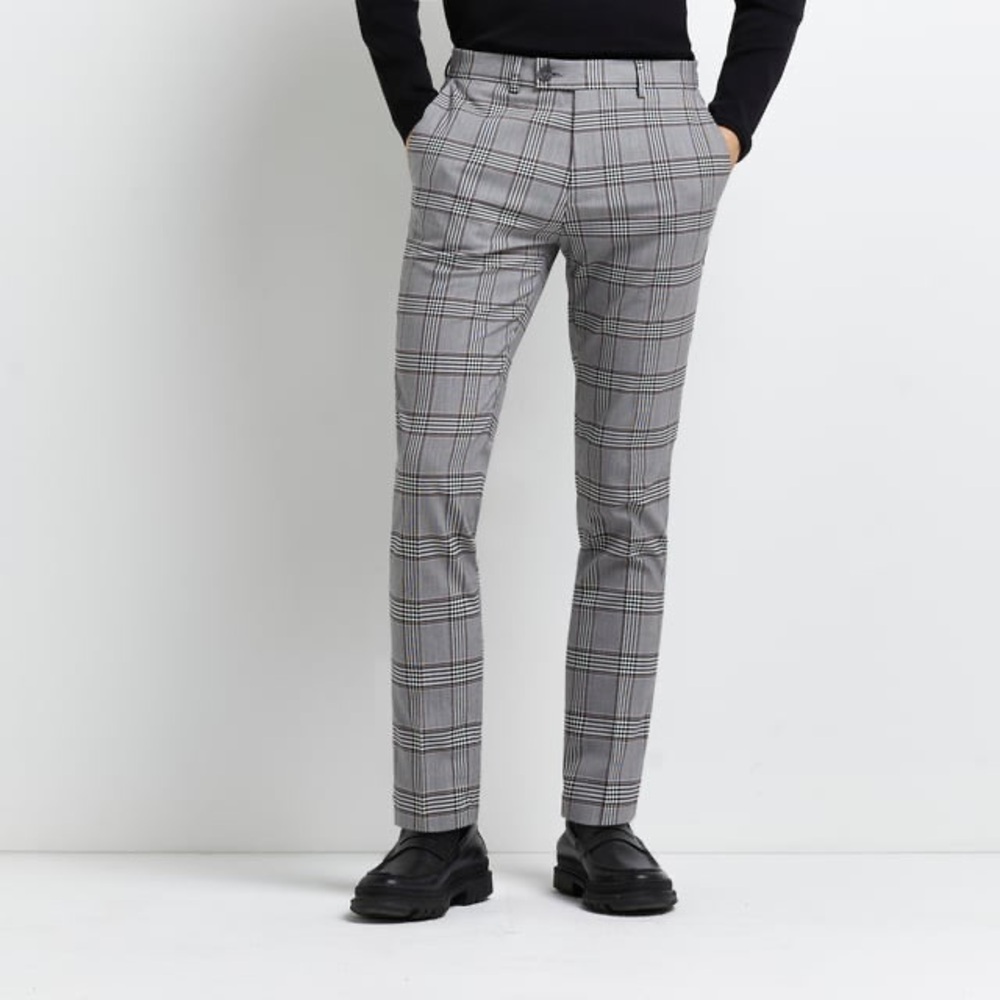 River Island Mens Trousers Grey Super Skinny Fit Check Print 30 x 30 NEW NWT